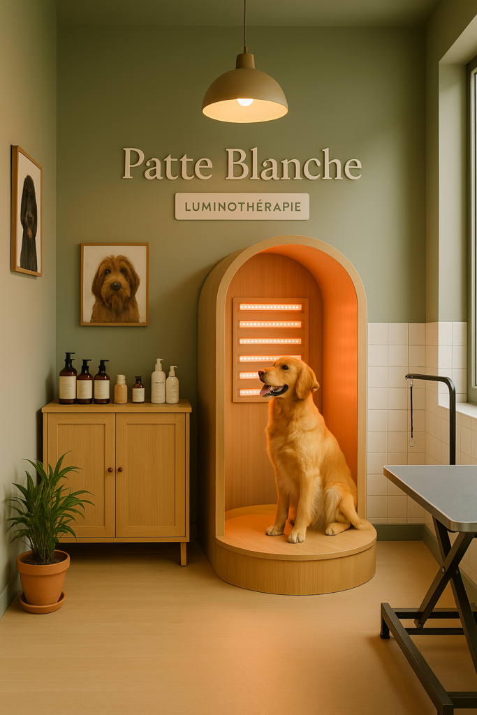 Patte Blanche-salon de toilettage-Lyon-luminothérapie-chiens-bien-être-détente-ambiance chaleureuse-soins naturels