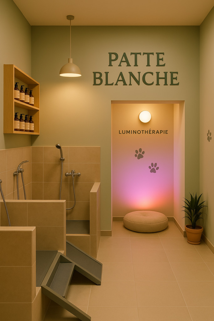 lanche-salon de toilettage-Lyon-bains pour chiens-luminothérapie-soins bien-être-salon moderne-détente-ambiance chaleureuse