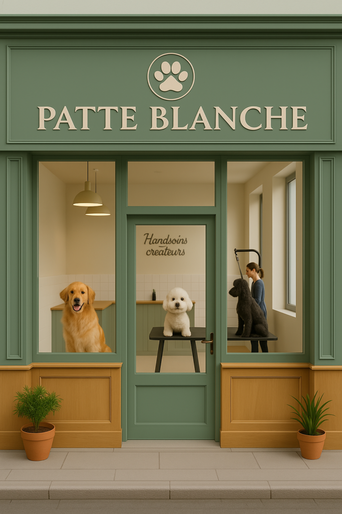 Pattes Blanches-salon de toilettage-Lyon-devanture-boutique moderne-chiens-bien-être-toilettage haut de gamme-salon chaleureux-devanture