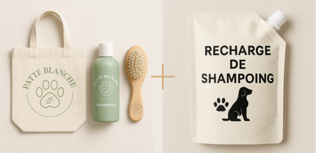 pack de goodies - tote bag - shampooing - brosse à poil - recharge de shampooing - patte blanche - salon de toilettage