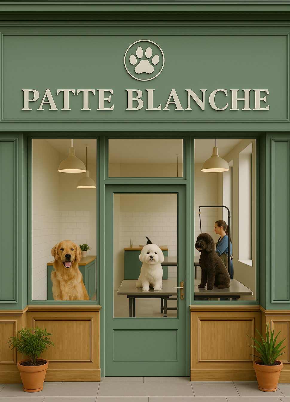 devanture - salon de toilettage - patte blanche - chien - vert - logo
